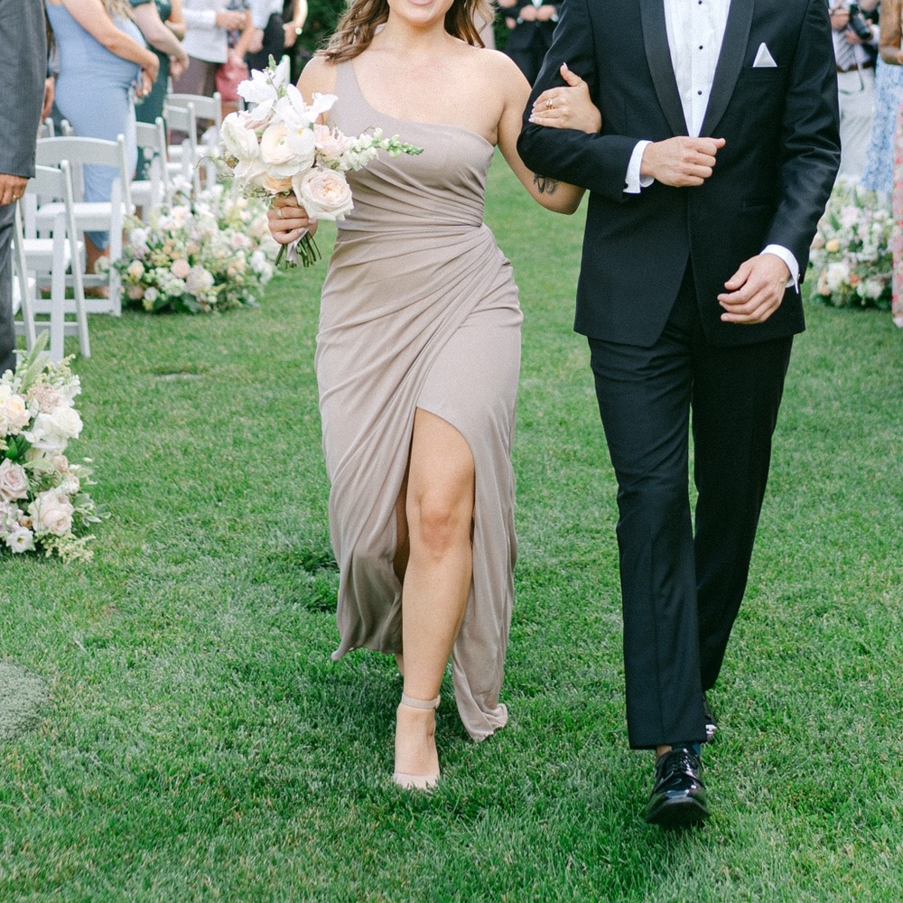 Azazie Elegant One-Shoulder Taupe Dress